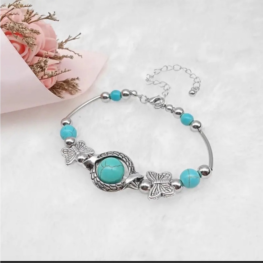 Silver Butterfly Turquoise Bracelet - Picture 2 of 5